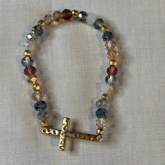 Beaded Bracelet Faceted Glass Blue Amber Mix Gold-Tone Cross Accent Stacking NWT - Picture 5 of 6